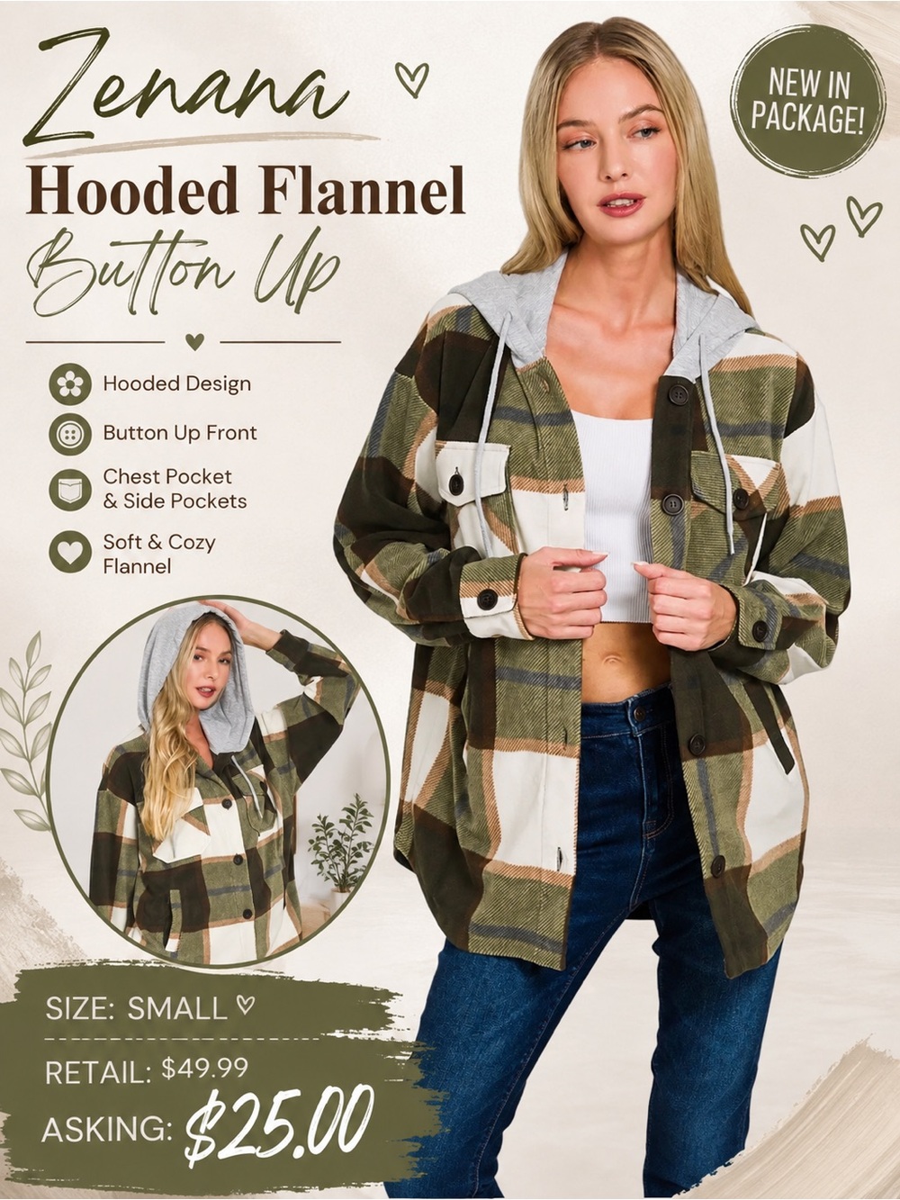 Zenana Outfitters Olive, White & Brown Plaid Hooded Flannel Button-Up Jacket